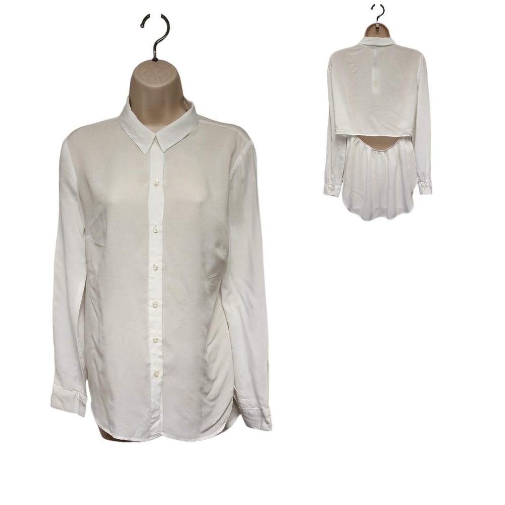 BCBGENERATION OPTIC WHITE LONG SLEEVE CUTOUT BACK BLOUSE SIZE SMALL D